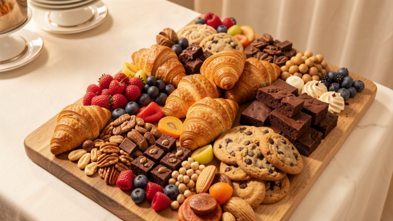 Grazing table with pastries fruits and chocolate