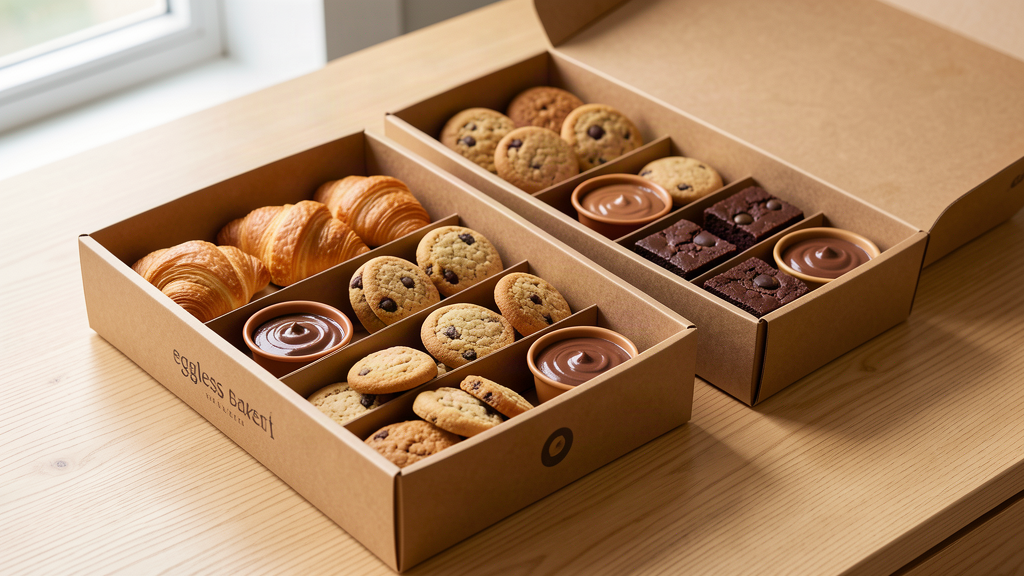 Corporate snack boxes with croissants cookies and dips