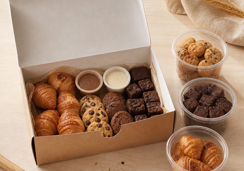 Gift box with mini croissants, cookies, brownies and chocolate dips