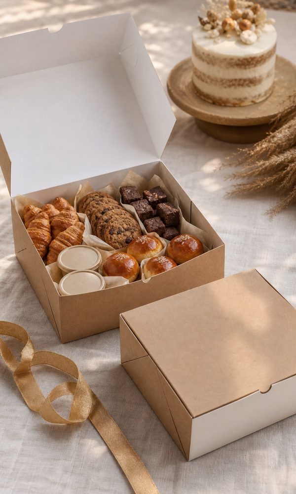 Celebration bakery box with croissants, cookies, brownies, dips and a small cake