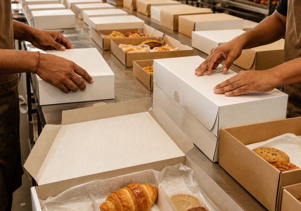 Bakery team packing rows of corporate snack boxes for delivery