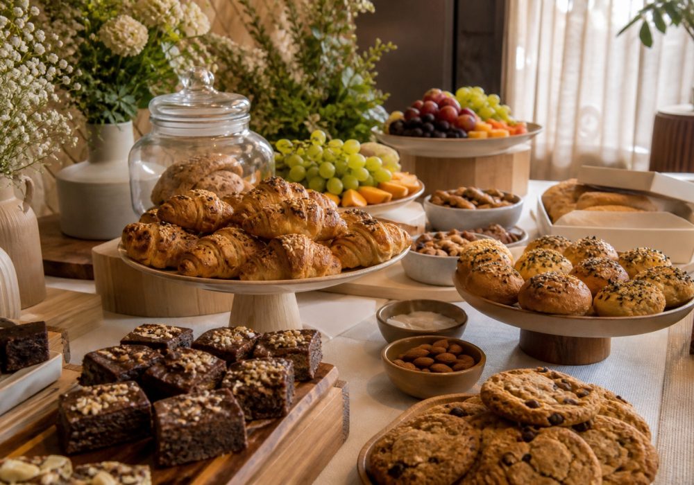 Bakery grazing table with croissants, cookies, brownies, fruit and dips