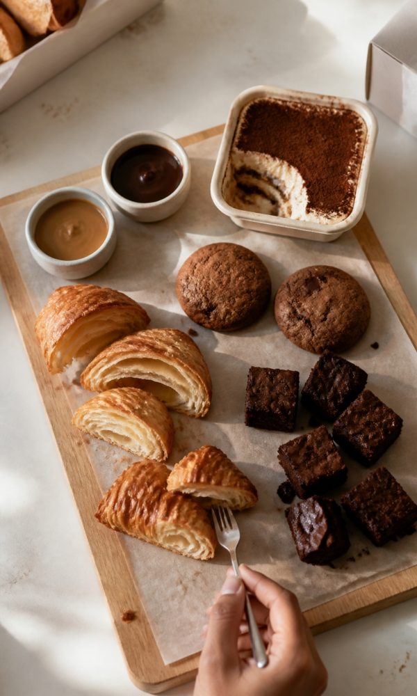 Croissants, cookies, brownies, tiramisu and dips arranged for tasting