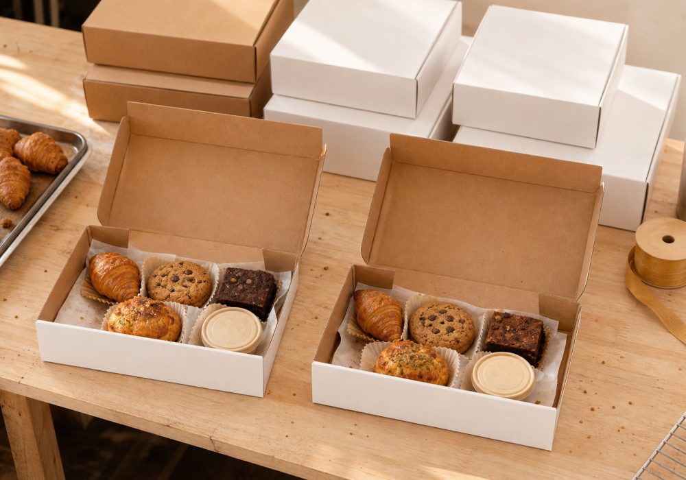 Corporate bakery boxes with croissants, cookies, brownies and dips