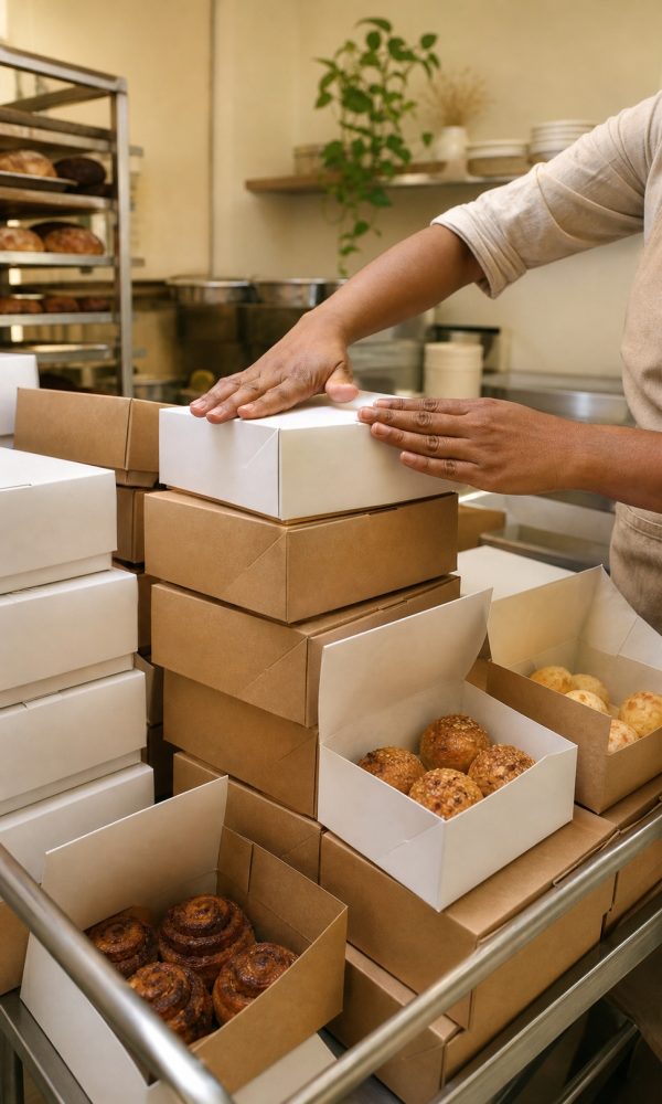 Bakery team organising multiple snack boxes for a larger custom order