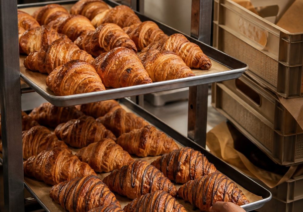 Fresh croissants on bakery racks ready for cafe supply