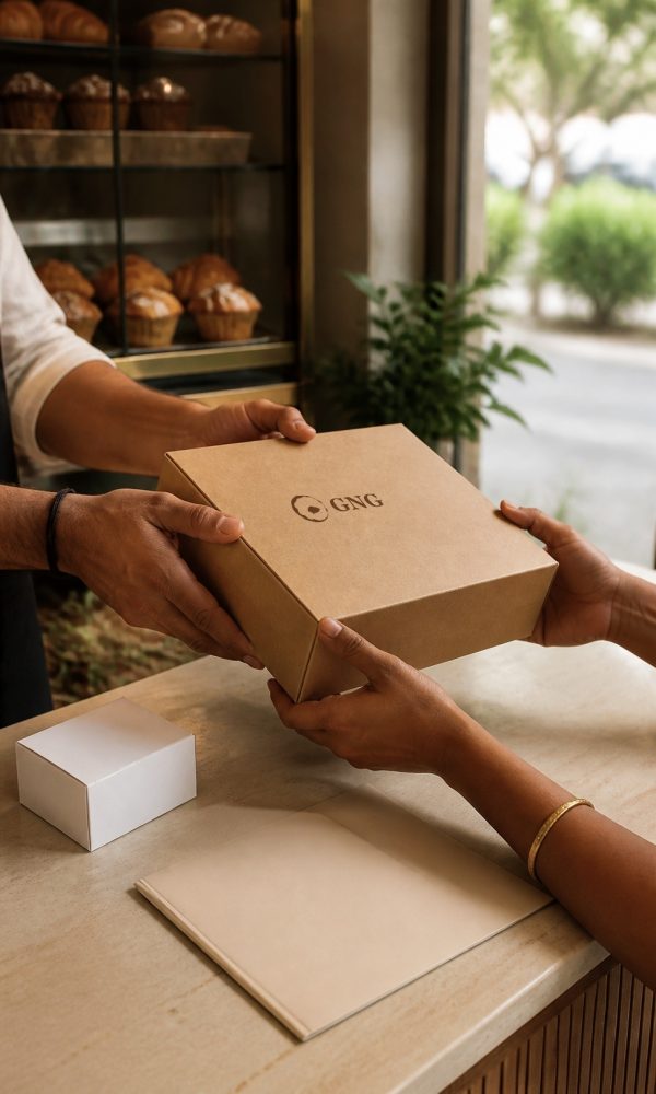 Grain N Ganache branded bakery box being handed to a business partner at the counter