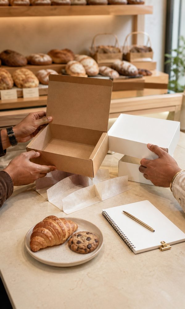 Bakery supplier and business buyer reviewing practical box formats