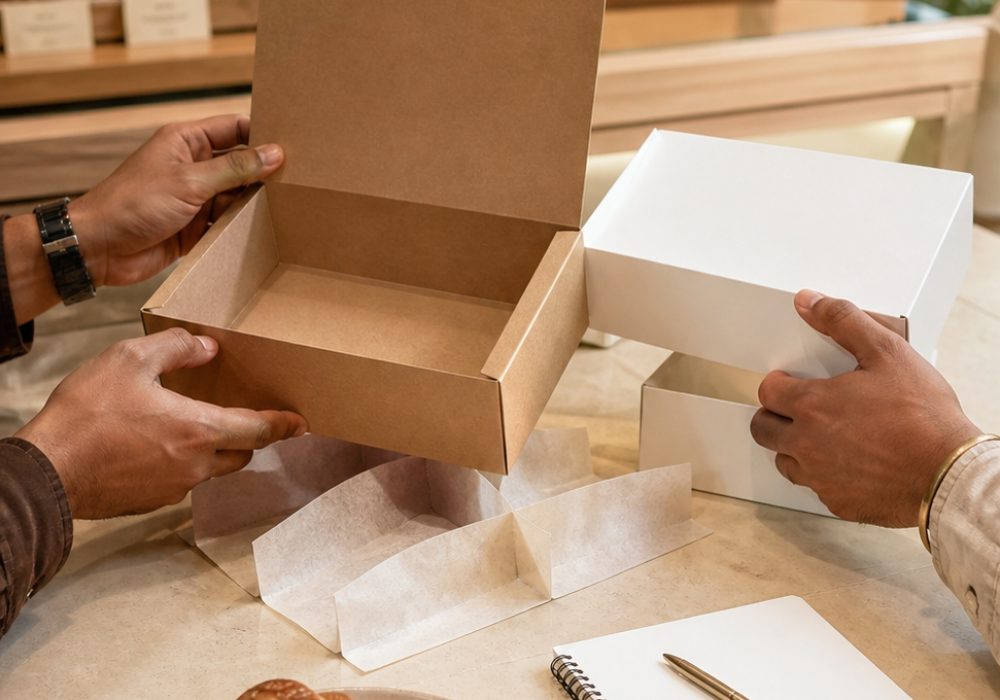 Bakery supplier and business buyer reviewing practical box formats